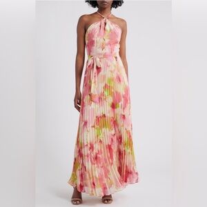 Floral Pleated Maxi Dress in Pink and Cream